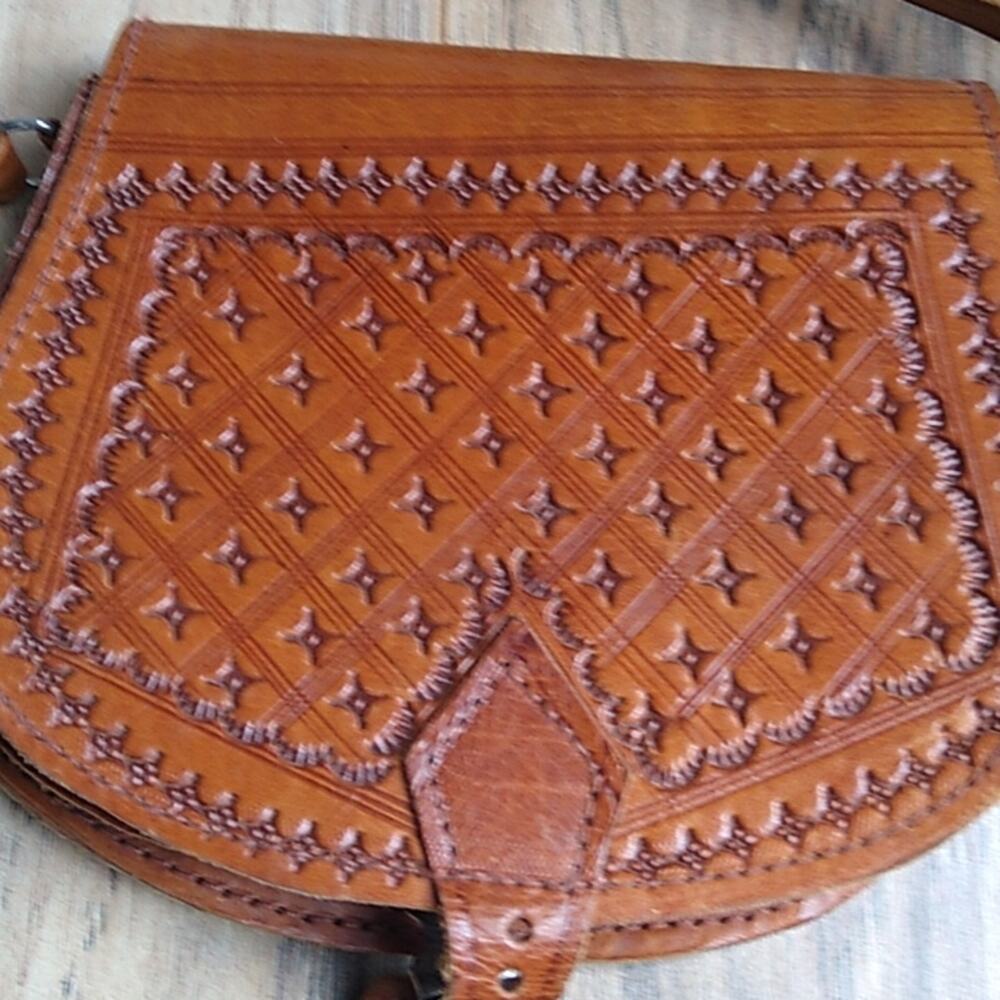 Brown Tooled Leather Boho Mini Satchel Purse - Picture 4 of 11